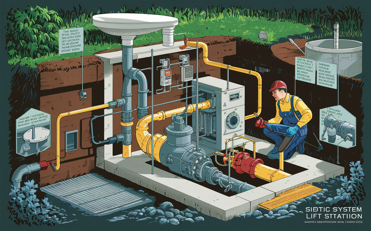 An illustration depicting a worker performing maintenance on the complex machinery and piping of a lift station, which is an essential component of a septic system responsible for pumping wastewater from lower to higher elevations.