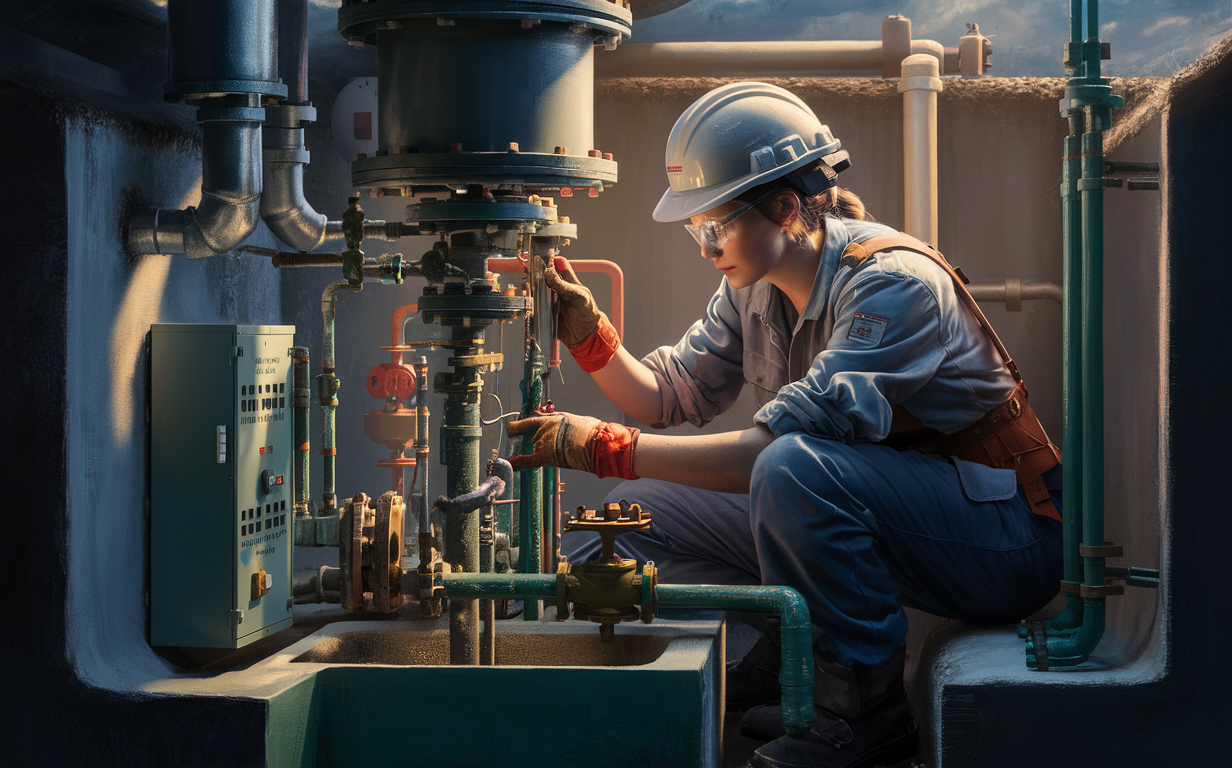 An illustration depicting a technician performing maintenance on the complex machinery and piping of a septic system lift station, ensuring optimal performance and functionality.