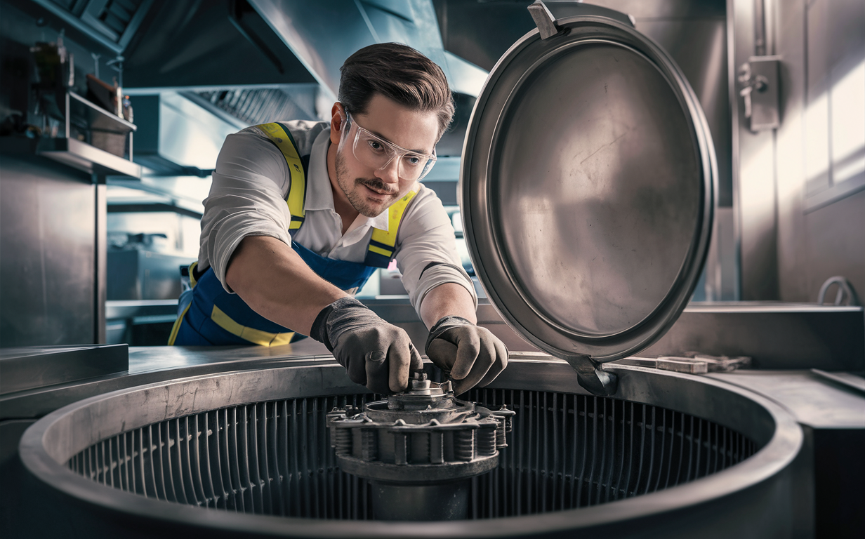 A technician wearing a safety vest and gloves is accessing the interior components of a large stainless steel grease trap in a commercial kitchen setting.