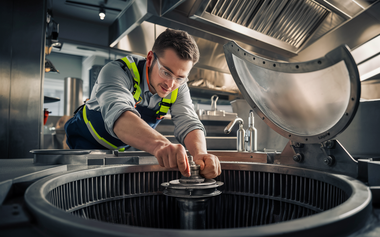 An aircraft maintenance technician inspecting and servicing a turbine engine, wearing protective work gloves while working in an industrial maintenance facility.