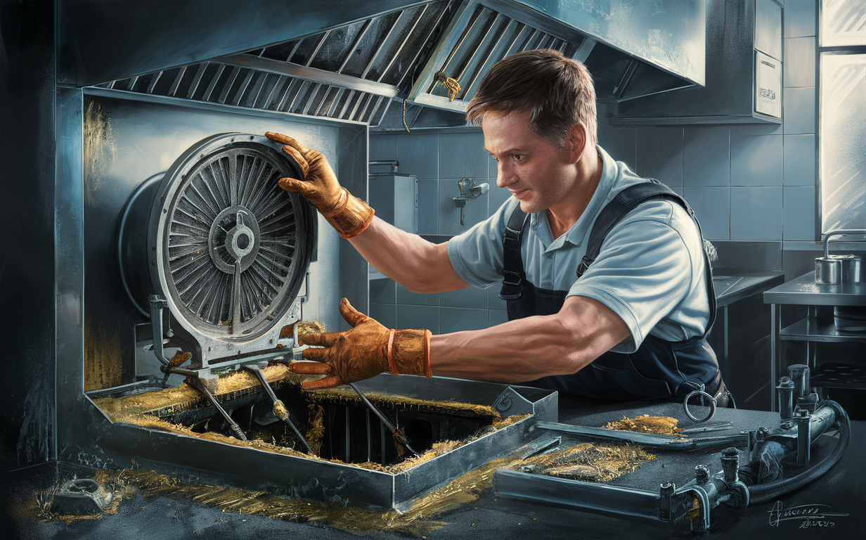 A technician in a yellow safety vest and work gloves inspecting and opening a large stainless steel grease trap in a commercial kitchen