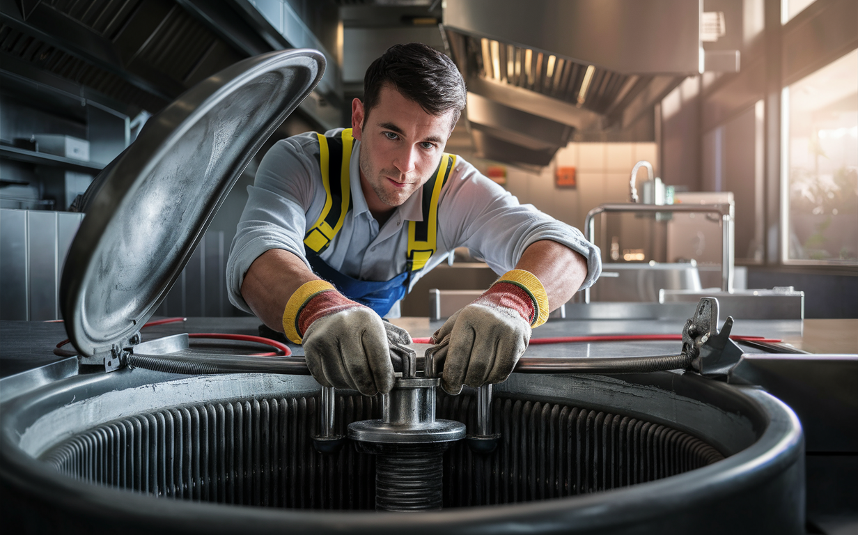 A technician in a high-visibility safety vest and gloves is crouched down working on opening a large grease trap in a commercial kitchen setting with stainless steel surfaces and equipment visible in the background.