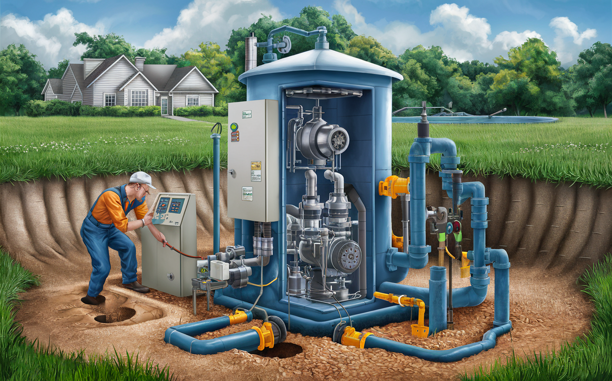 An illustration depicting the maintenance of a lift station used in wastewater management systems, showing a worker operating the control panel and the underground components like pumps and pipes.