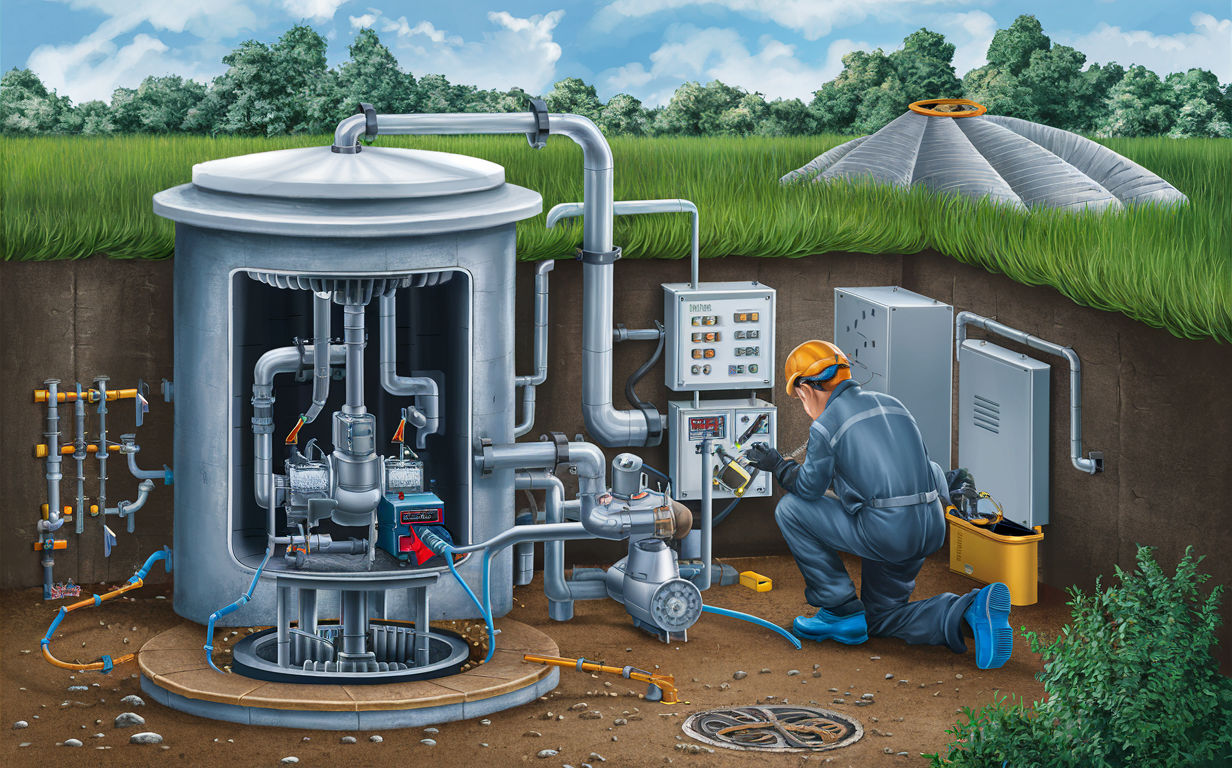 A technician performing maintenance on a lift station pump and control panel for a septic system, with surrounding grassy field and trees.