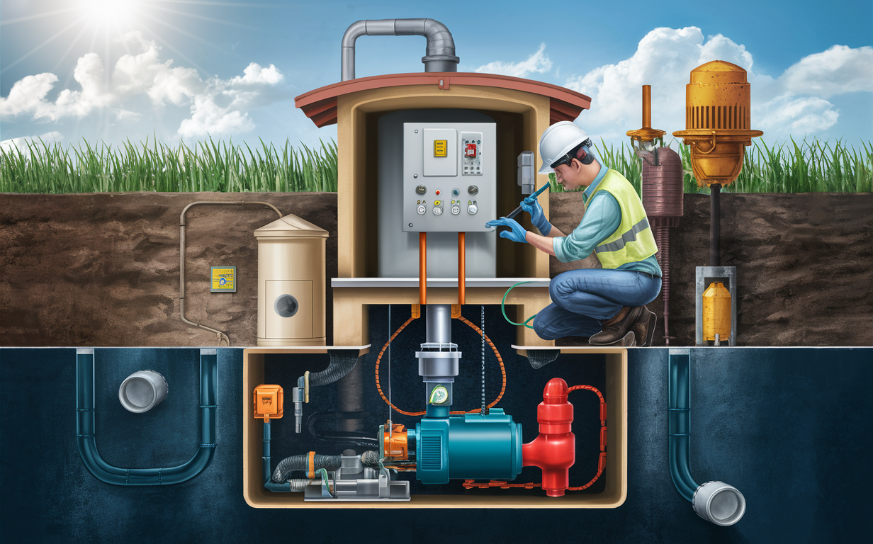 An illustration depicting a worker performing maintenance on a lift station for a residential septic system, with various pumps, pipes, and control panels visible.