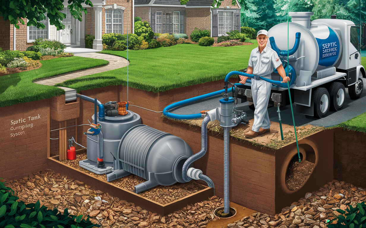 Two technicians performing routine maintenance and pumping on a residential septic system, ensuring its proper function and extending its lifespan.