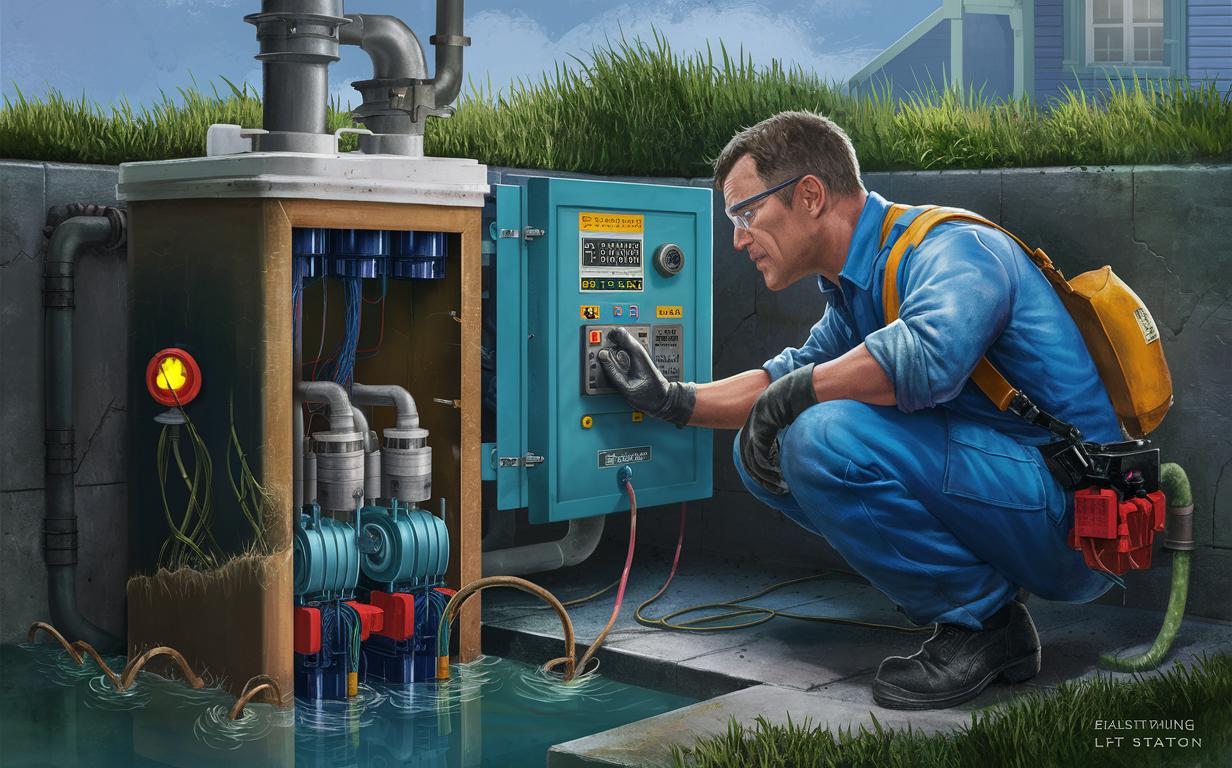 An image depicting a technician in a blue uniform kneeling down and working on the control panel of a lift station pump system, with the internal components of the pump station visible in the background.