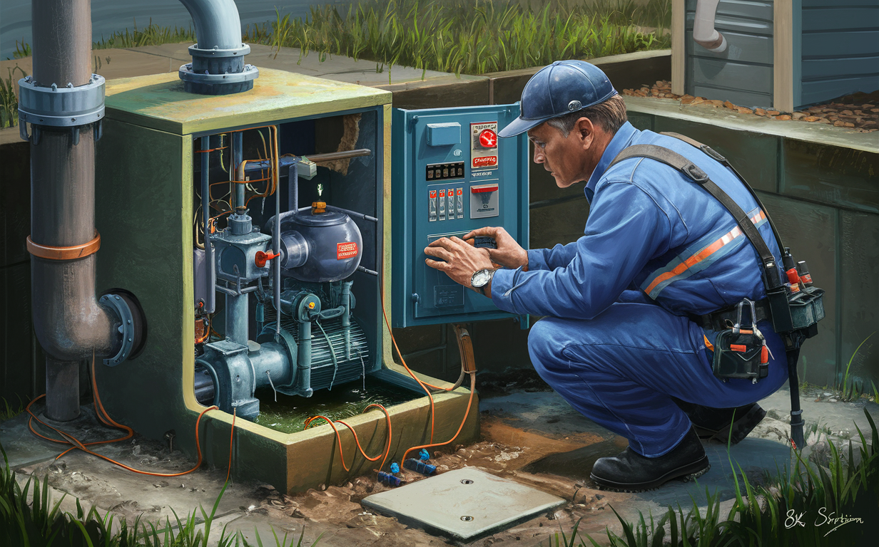 An illustrated diagram showing key signs and potential malfunctions in a lift station system, including electrical issues, blockages, corrosion, and equipment failures, along with solutions to address these problems.