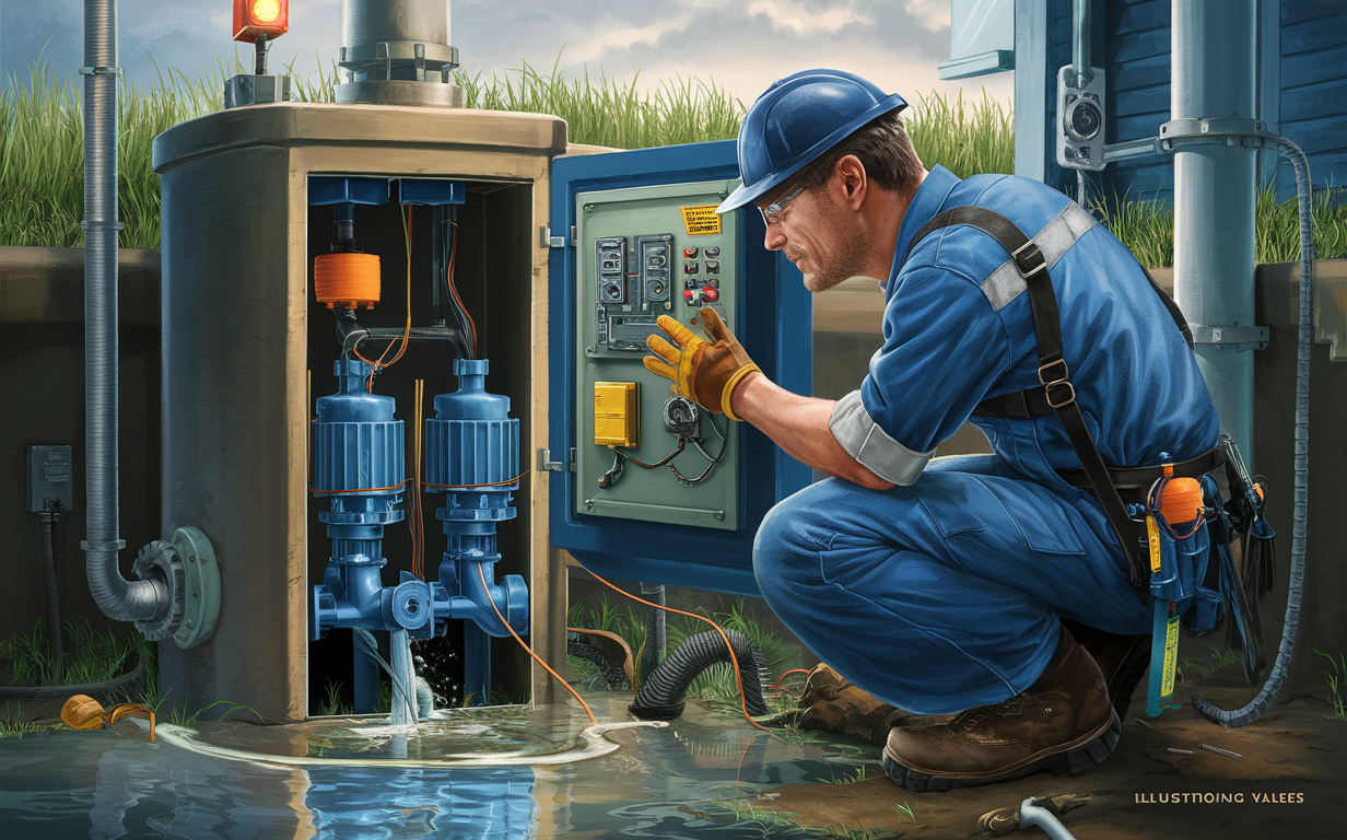 A technician in blue overalls and hard hat is crouched down, using a multimeter to inspect the control panel of a lift station with pumps and piping visible in a grassy outdoor setting.