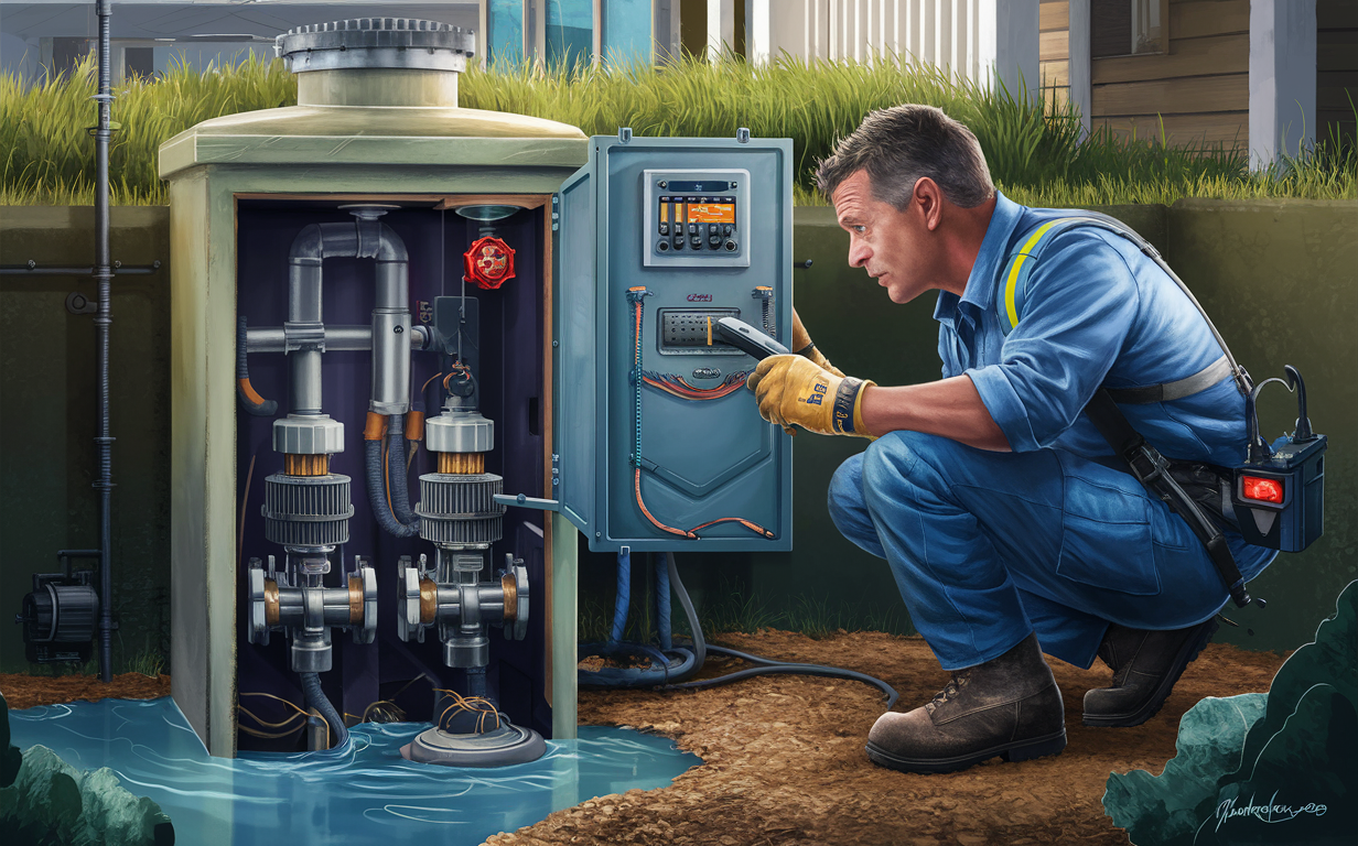 An image depicting a technician in a blue uniform squatting down and operating the control panel of a lift station, which appears to be part of a septic system. The control panel is open, revealing electrical components and plumbing pipes. The technician is focused on diagnosing or repairing a potential malfunction in the lift station equipment.