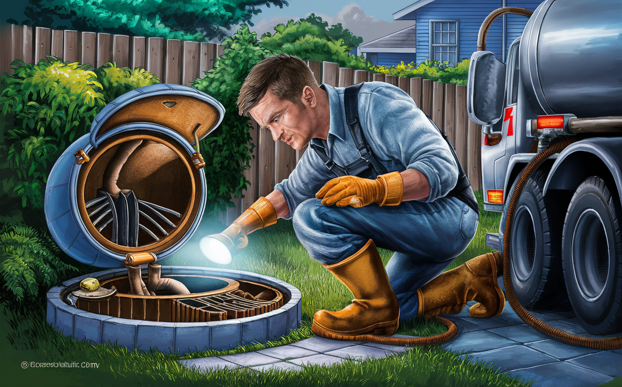 A technician in blue overalls and gloves inspecting and maintaining a residential septic tank system, with various components like the tank lid, aeration pipes, and control panel visible in the backyard setting.