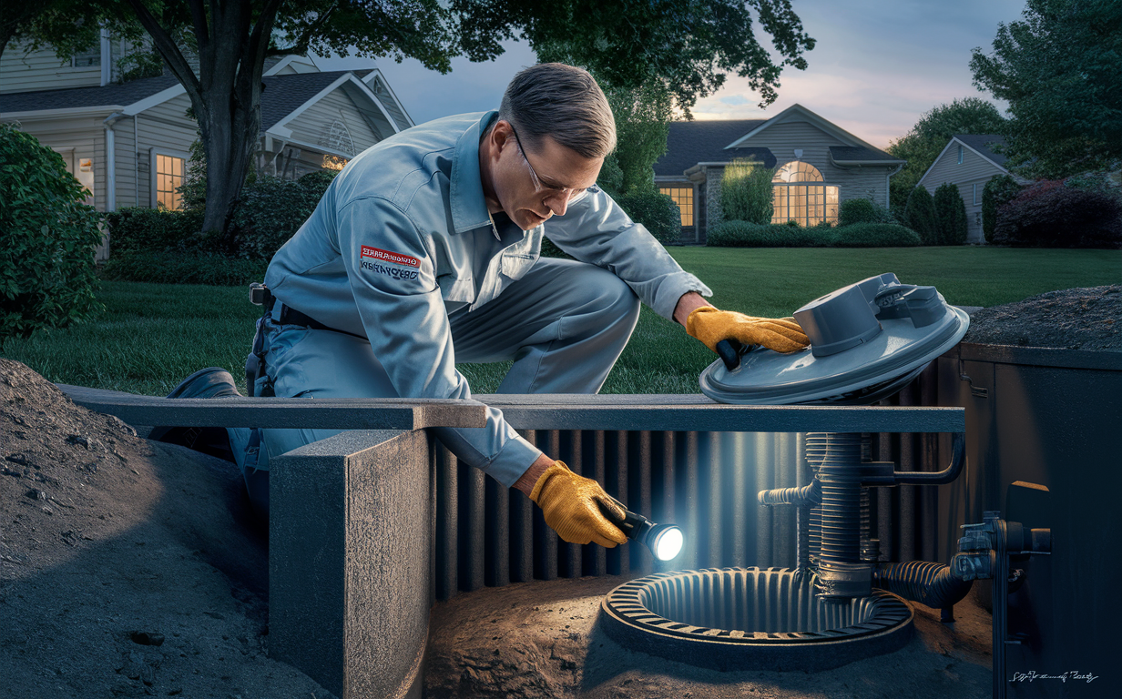 A professional septic service worker inspecting and maintaining a residential septic tank system during a pumping service