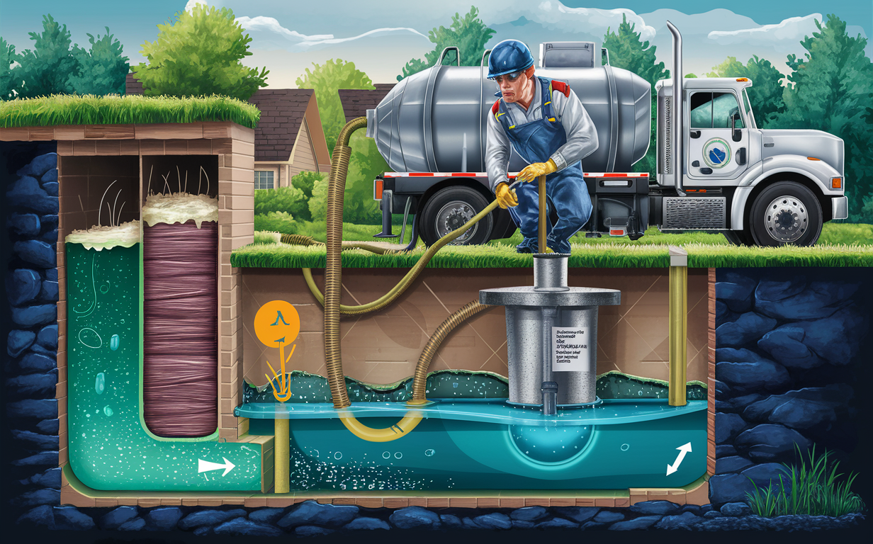 An illustration depicting a septic tank service worker pumping out a residential septic tank system, with a tanker truck in the background.