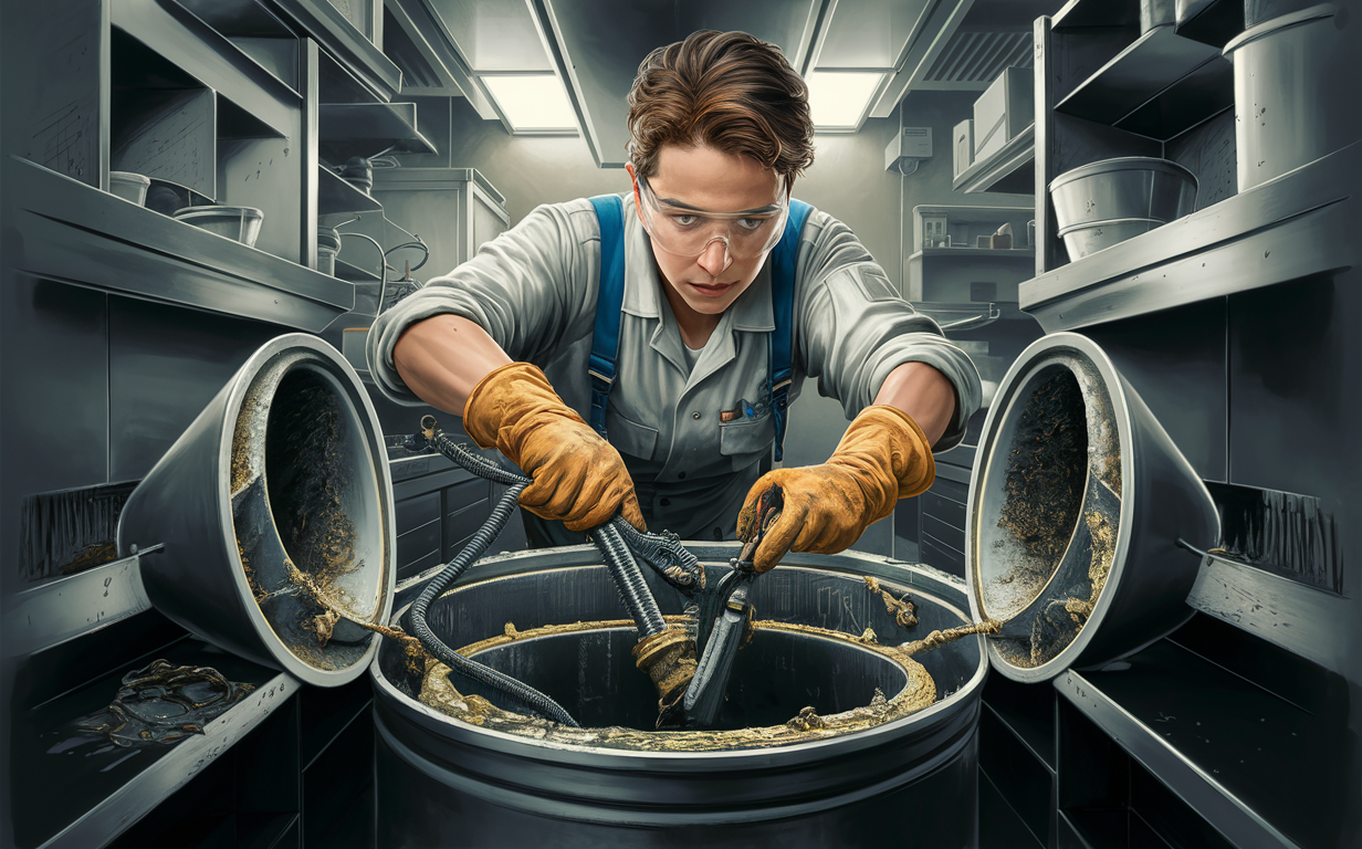 Two workers in blue overalls carefully cleaning and inspecting a large industrial grease trap in a dimly lit commercial kitchen