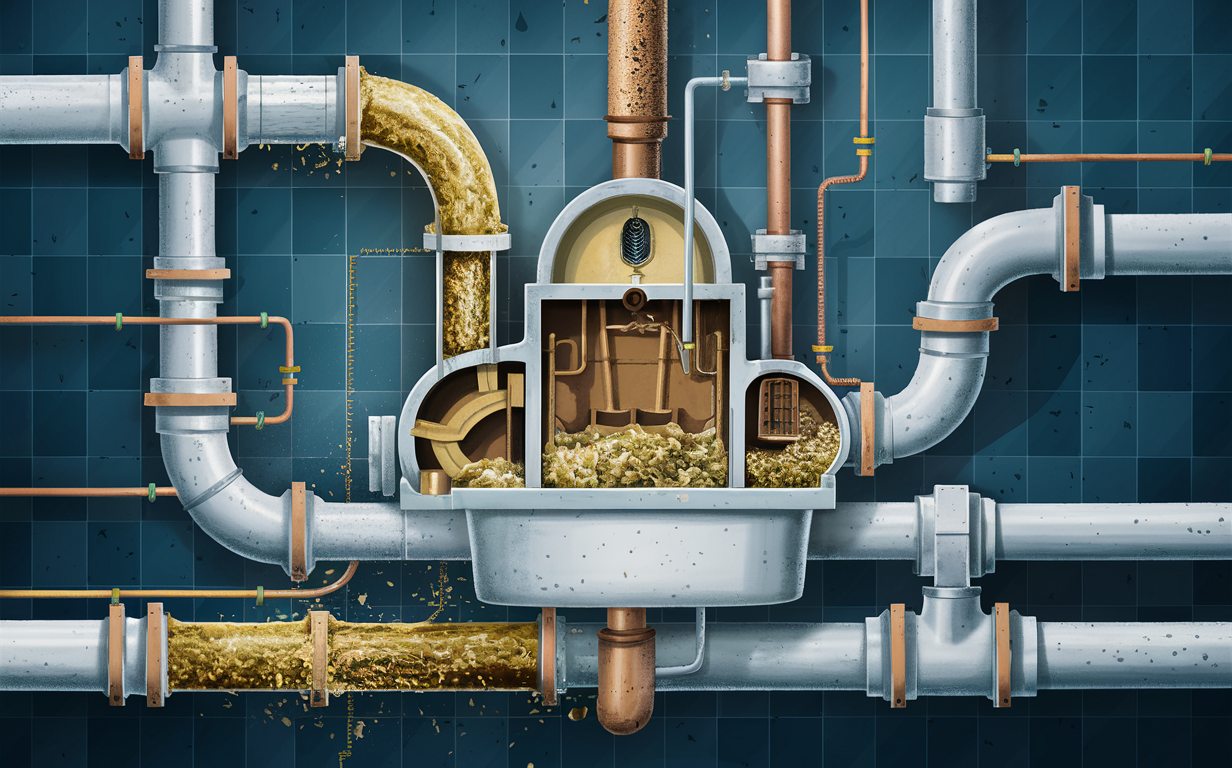 An illustration of a worker in protective gear clearing a grease trap, showing the intricate piping and machinery involved in preventing sewer line clogs and blockages through regular maintenance of grease traps in commercial kitchens.