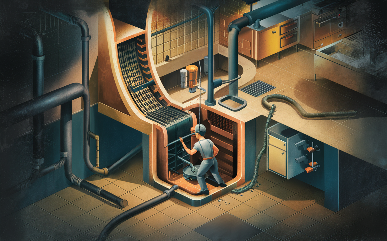 An illustration showing the internal components of a grease trap, with pipes carrying waste and a buildup of solidified grease visible inside the trap chamber.