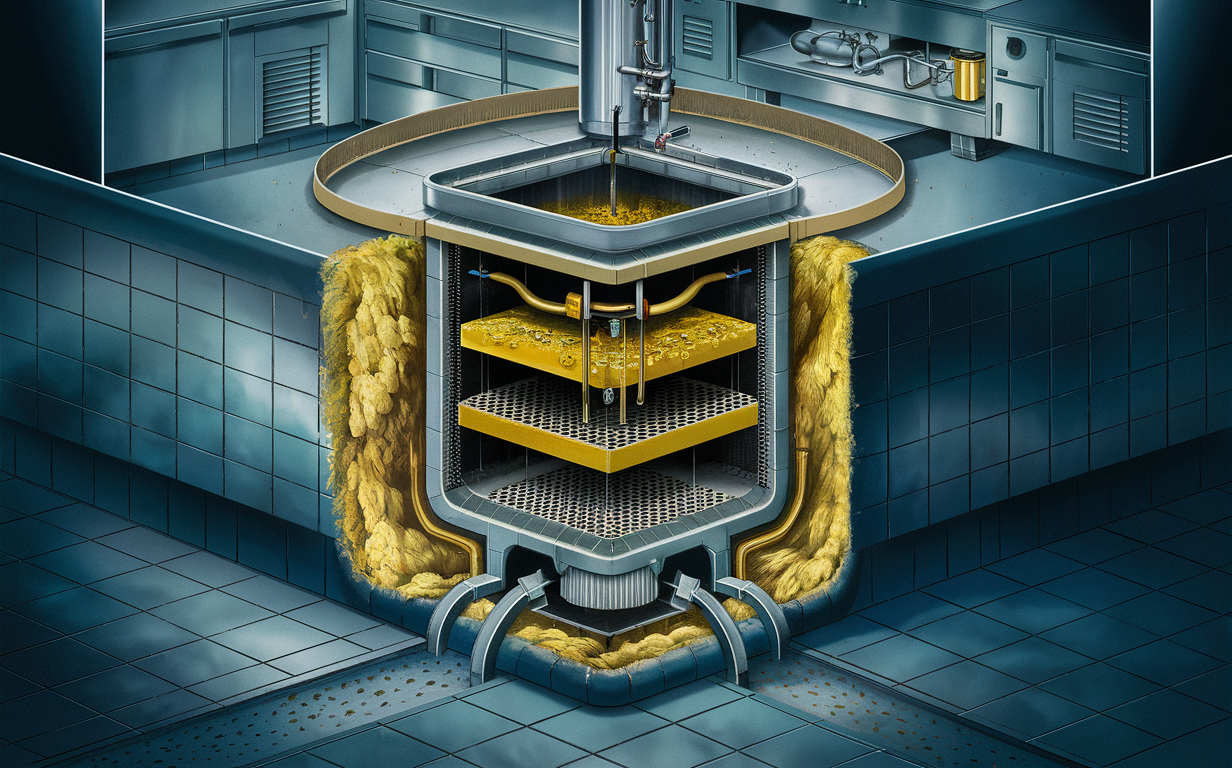 A detailed diagram of an industrial grease trap system with pipes, tanks, and filters designed to prevent sewer line clogs and blockages from grease and food waste