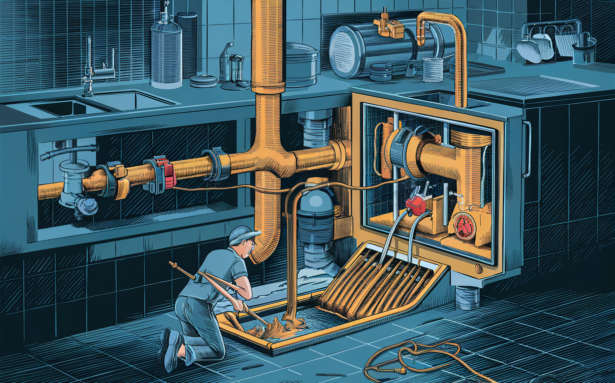 An illustration depicting a worker maintaining a large grease trap system in a commercial kitchen, surrounded by plumbing fixtures and equipment.