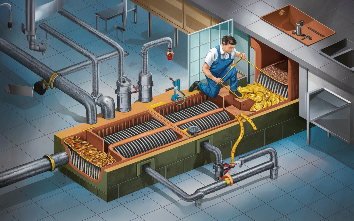 A detailed diagram showing a grease trap system designed to prevent sewer line clogs and blockages caused by grease buildup, with labeled components like piping, valves, and the grease collection chamber.