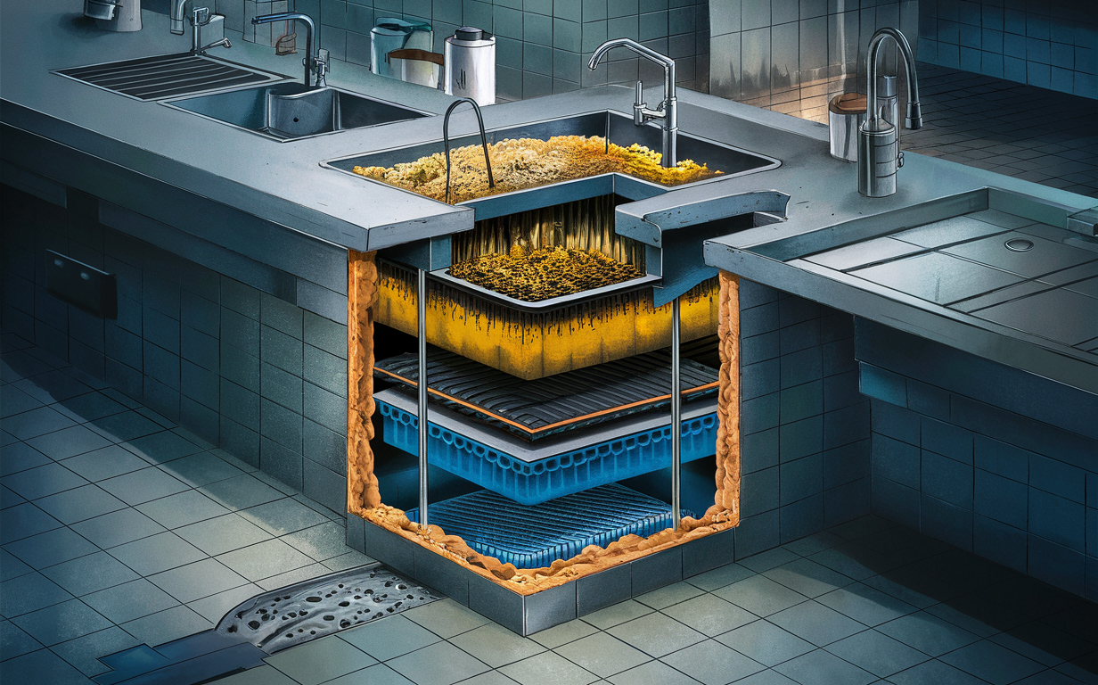 An isometric illustration showing a worker in protective gear maintaining a grease trap, with various components like sensors, water flow, and grease separation labeled, highlighting the importance of proper grease trap maintenance to prevent sewer line clogs and blockages.