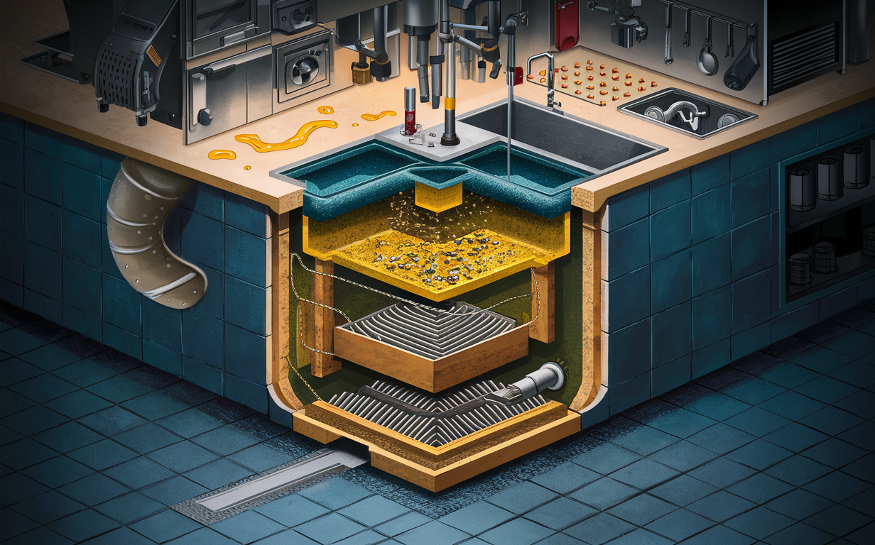 Illustration of a cross-section view of a multi-layered commercial kitchen grease trap system designed to capture and separate fats, oils, and grease from wastewater before it enters the sewer line, preventing clogs and blockages.