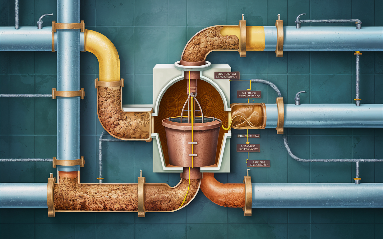 An illustration depicting a technician performing maintenance on a large industrial grease trap, with intricate piping and machinery components visible, highlighting the importance of proper grease trap maintenance to prevent sewer line clogs and blockages.