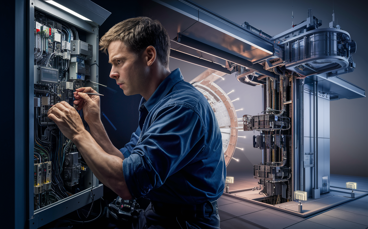 An illustration depicting an engineer working on industrial control systems, with various components like control panels, servers, piping, and machinery shown, representing services for maintaining and upgrading industrial facilities efficiently.