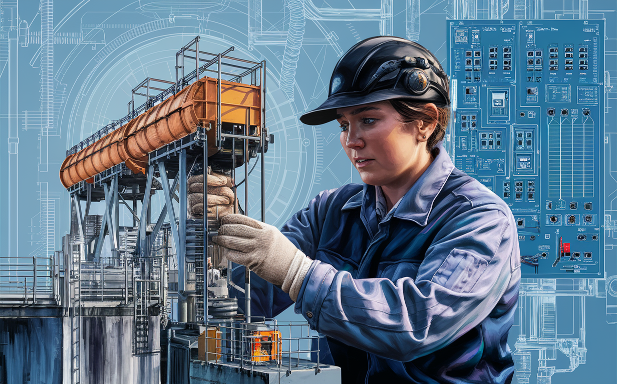 A technician in a gray uniform and hardhat monitors the control panel of an industrial lift station, surrounded by pipes, valves, and gauges.