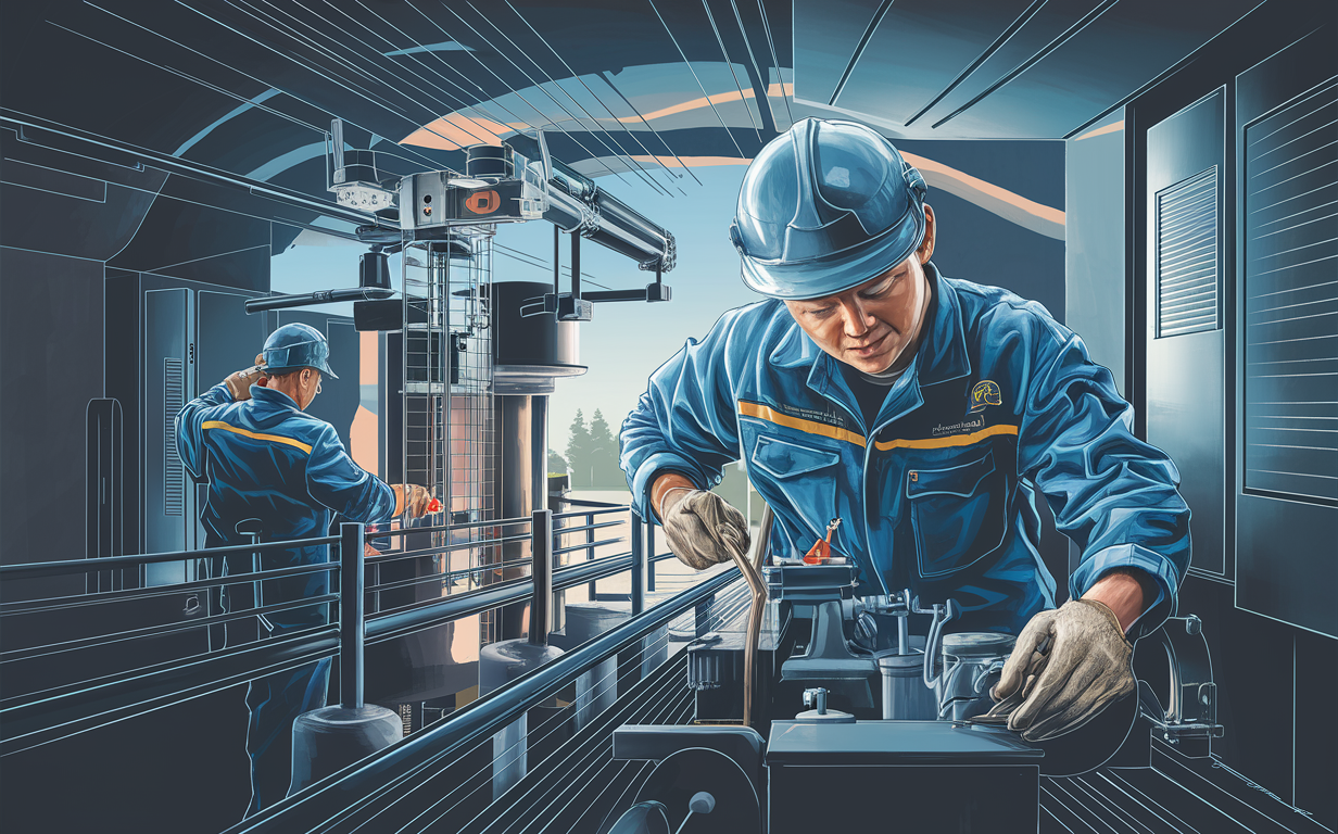 An illustration depicting two workers in blue overalls maintaining and repairing equipment at an industrial lift station facility, with one worker operating controls on a panel while the other is working inside an elevated machinery enclosure, demonstrating reliable lift station repair and upgrade services for efficiency.