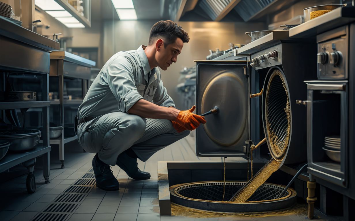 A worker in a commercial kitchen crouches down to inspect and clean the grease trap, which is a vital component for proper maintenance and sanitation in food service establishments.