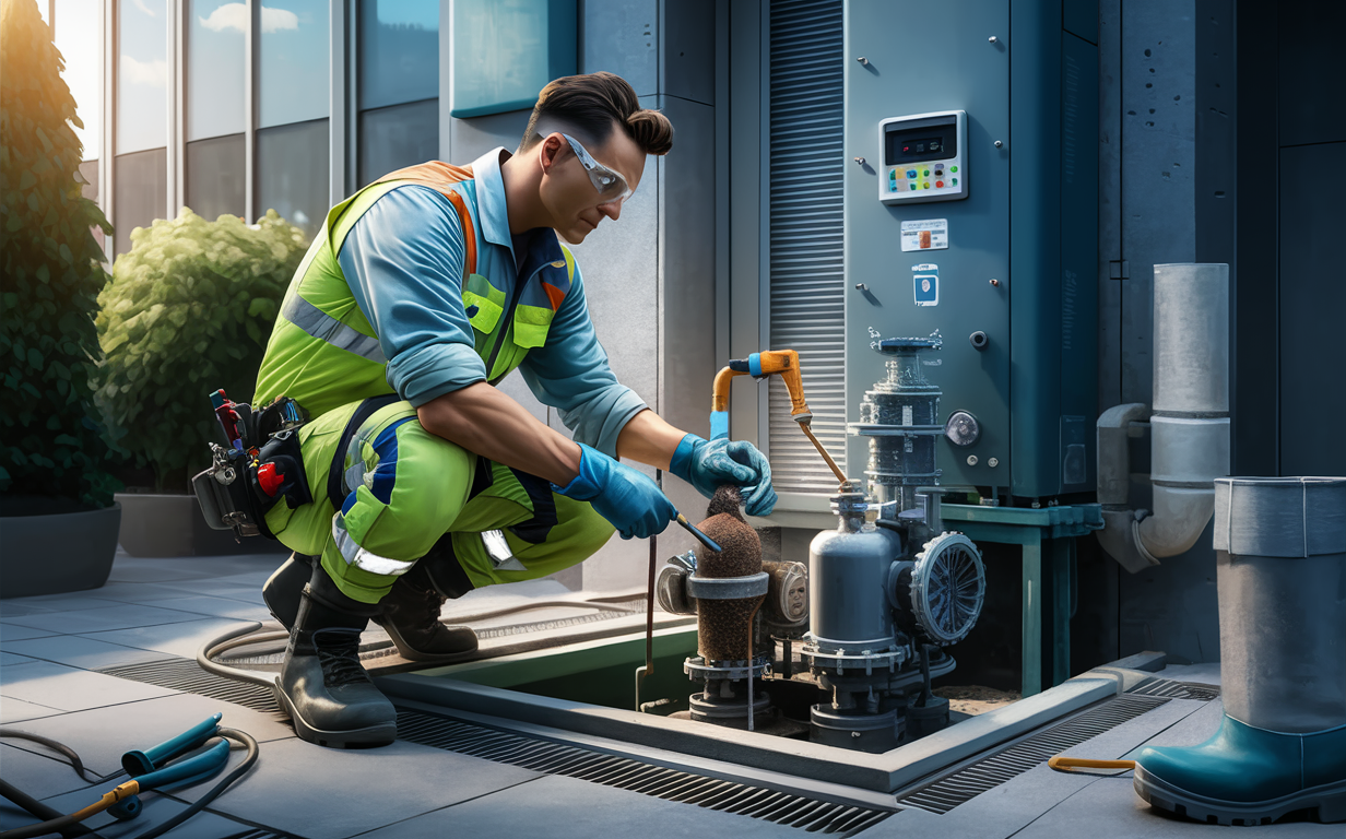 An industrial worker in a yellow protective suit is operating a high-pressure water hose to clean and maintain the equipment in a commercial lift station facility, with pipes, valves, and control panels visible in the background.