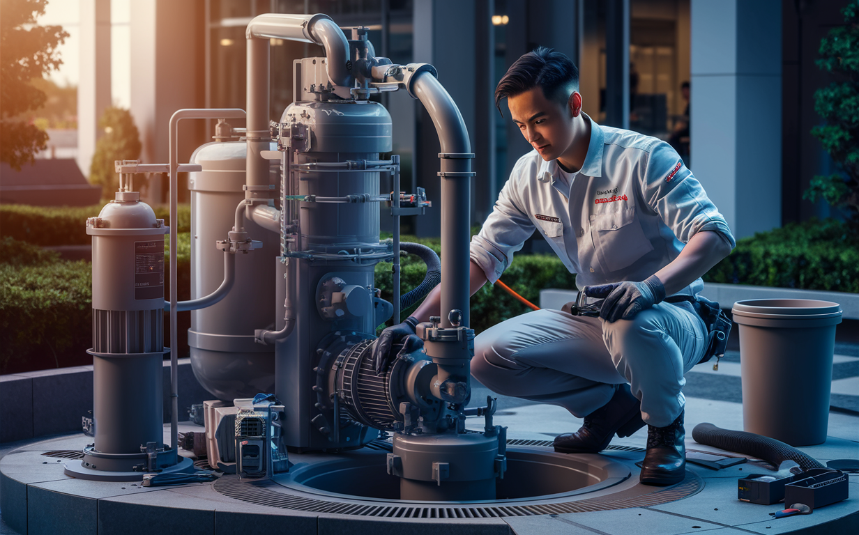 A technician in uniform performing routine maintenance on a commercial lift station pump system