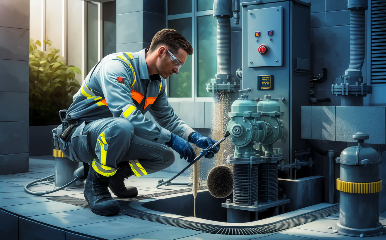 A worker wearing a high-visibility safety vest and protective gear is servicing and cleaning equipment at a commercial lift station, using specialized tools to maintain the pumping system.