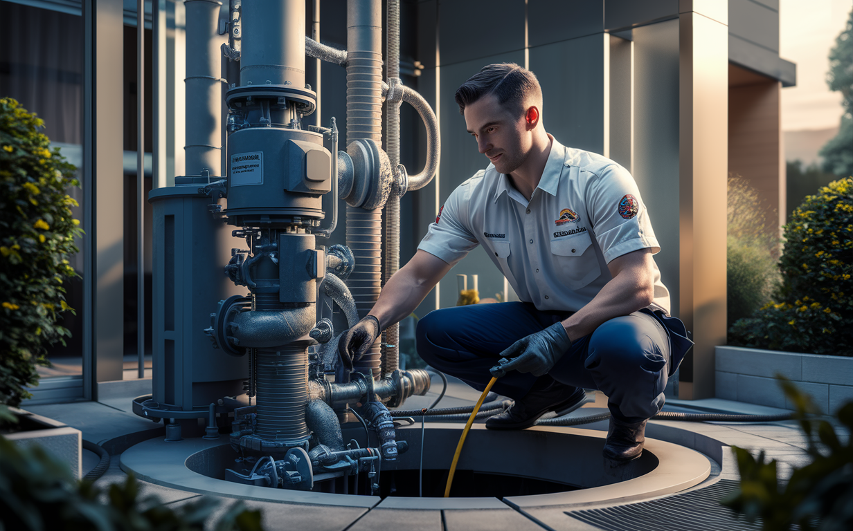 A technician in uniform working on the pipes and pumps of a commercial lift station