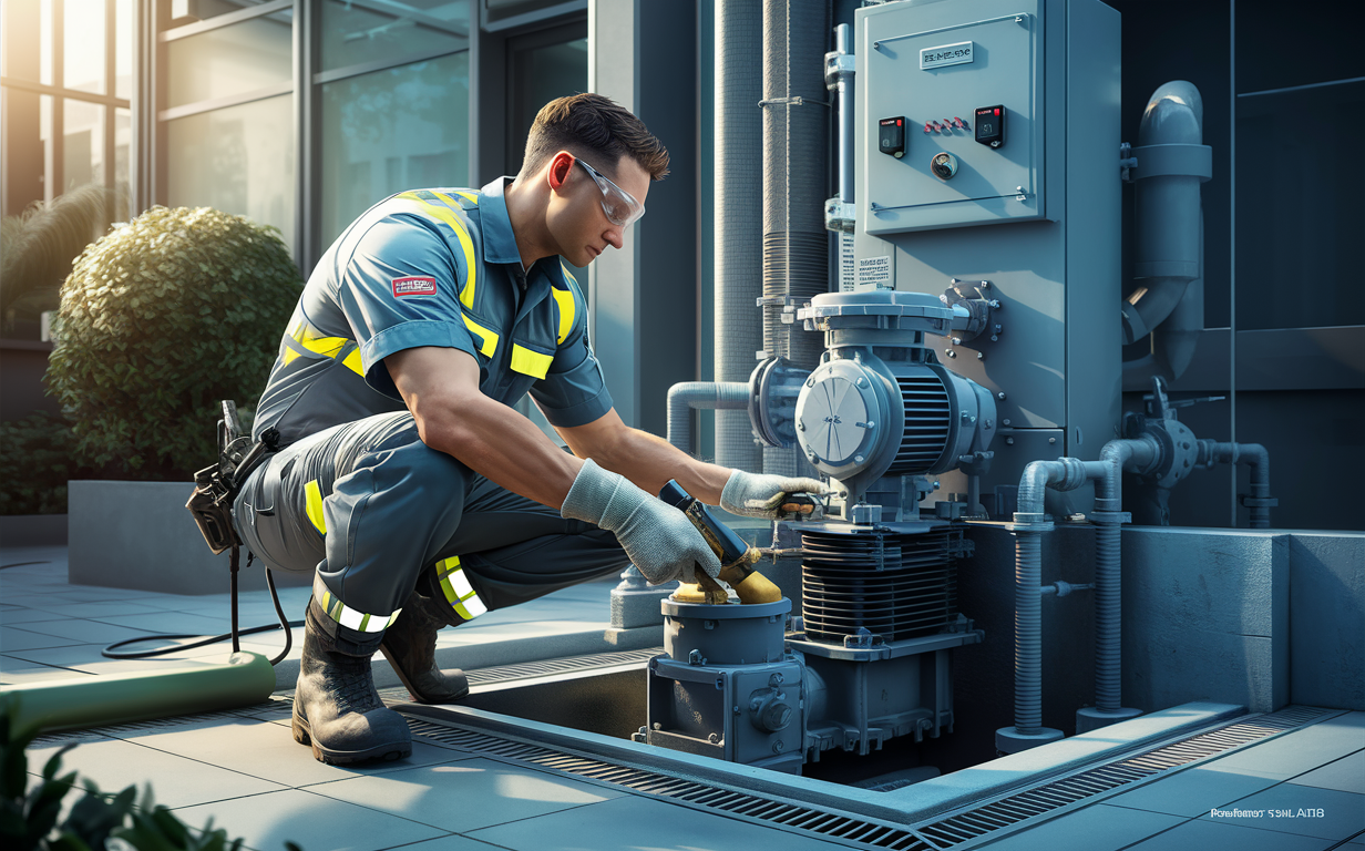 An industrial worker in protective gear crouching down to service a pump system against a backdrop of electrical panels and machinery