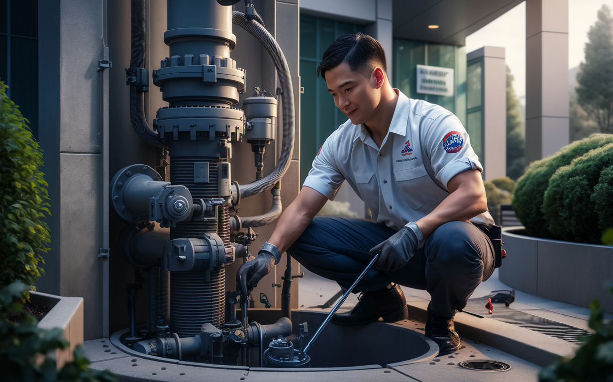 A technician in uniform is servicing and maintaining a large industrial pump at a lift station, ensuring proper operation and cleanliness of the equipment.