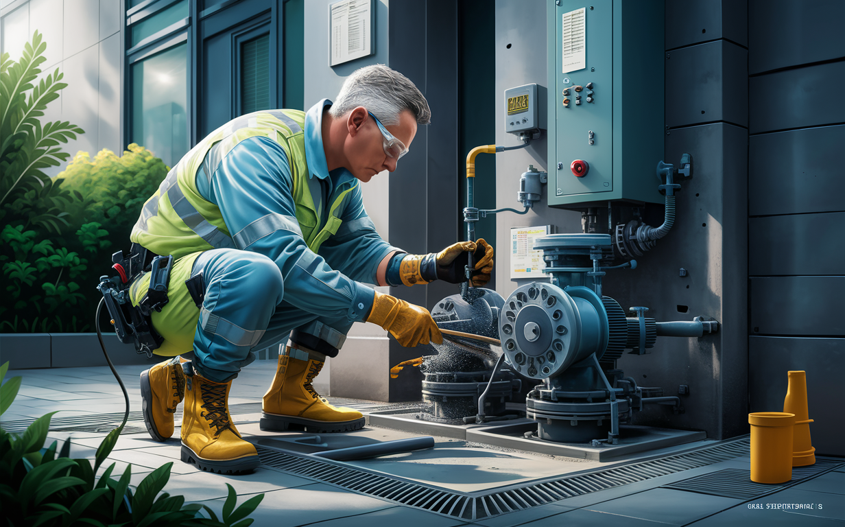 A technician in a blue and yellow uniform is crouched down, working on maintaining and servicing a large industrial pump at a commercial lift station.