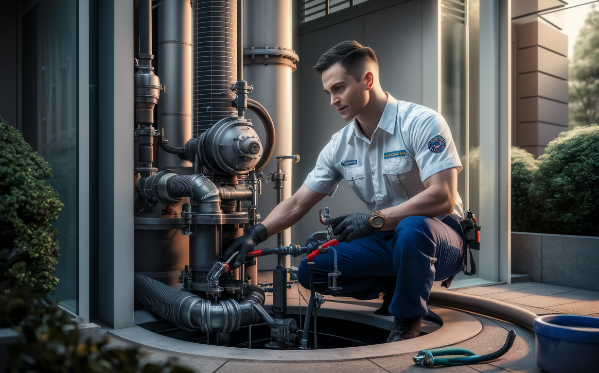 A technician in uniform crouches next to a large lift station pump, performing routine maintenance and cleaning services on the equipment at a commercial property.