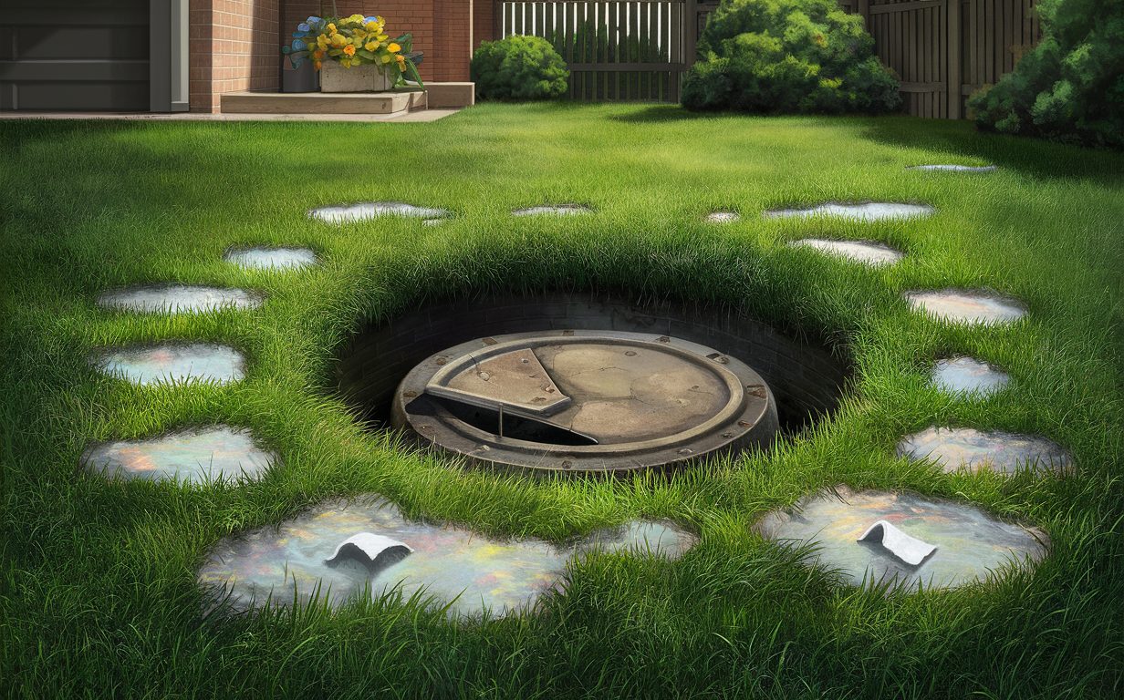 An overgrown backyard with a partially exposed septic tank access cover surrounded by stepping stones and vegetation, indicating the need for septic tank maintenance and pumping.