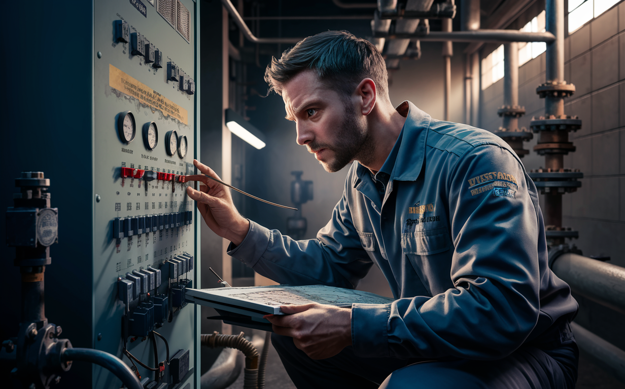 A technician in a blue uniform inspecting and adjusting controls on an industrial control panel