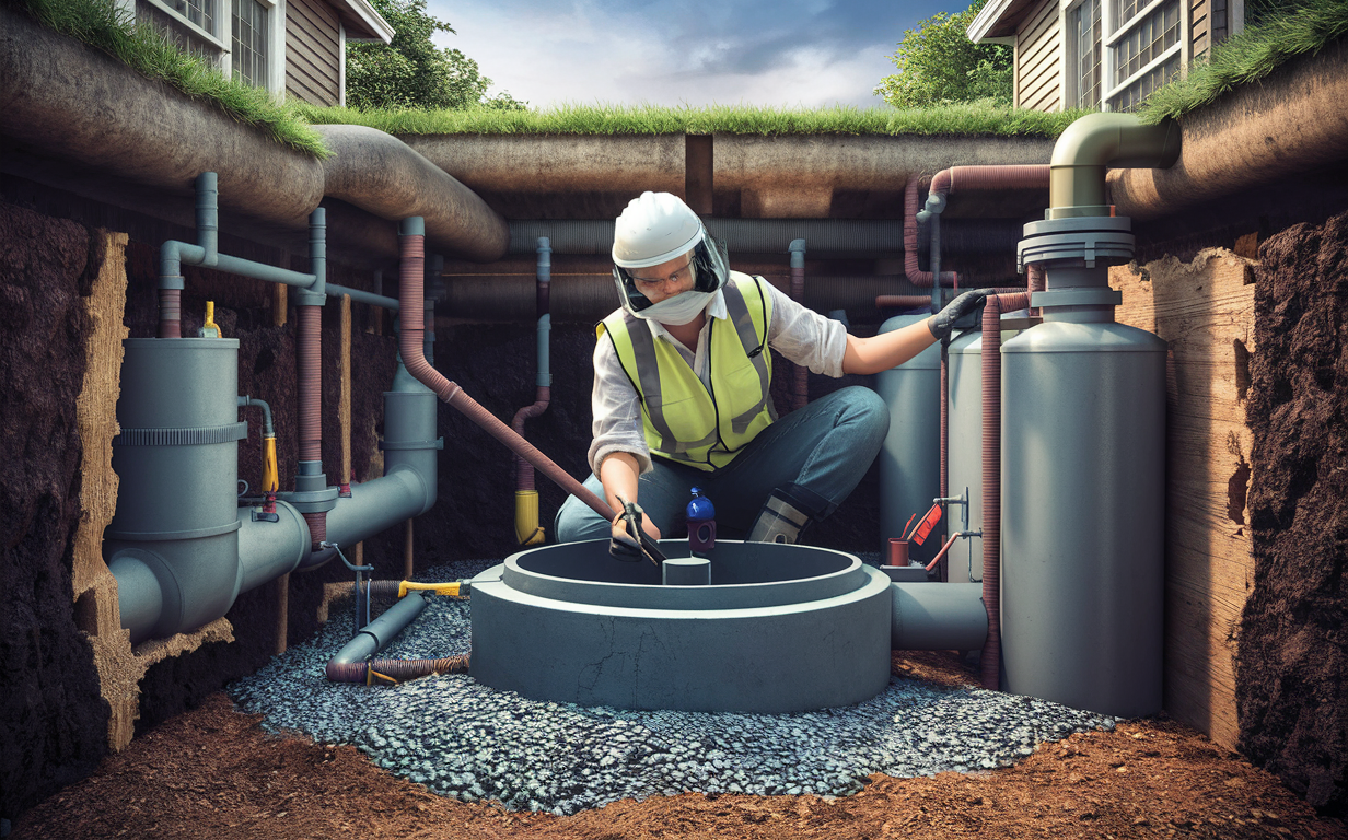 A technician wearing protective gear inspecting and maintaining a septic system underground. pipe repair and replacement for septic systems