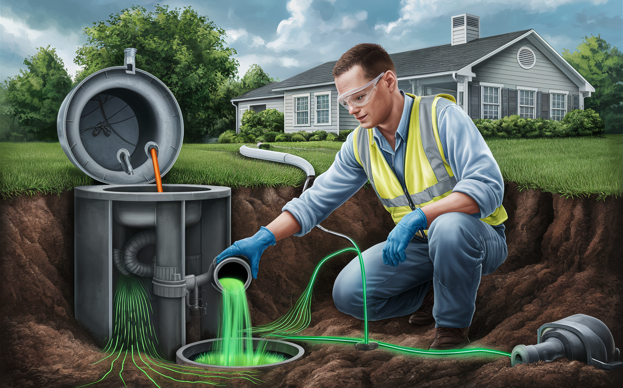 A technician wearing safety gear performs dye testing on a septic tank system to detect potential leaks, with green dye visibly flowing through the pipes near a residential home.