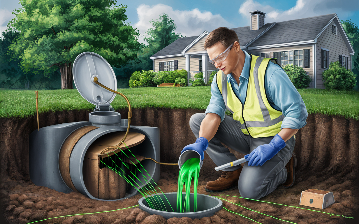 A technician in safety gear performs a dye test to detect leaks in an underground septic system, with green dye visibly flowing through pipes into a containment area in the backyard of a residential home. removing sludge and scum buildup during septic tank pumping