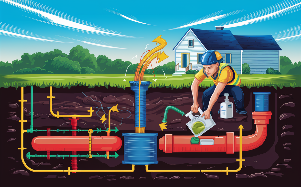 An illustration showing a worker performing dye testing and leak detection on a septic system, with a dye testing tank and pipes showing the flow of water and dye through the system.