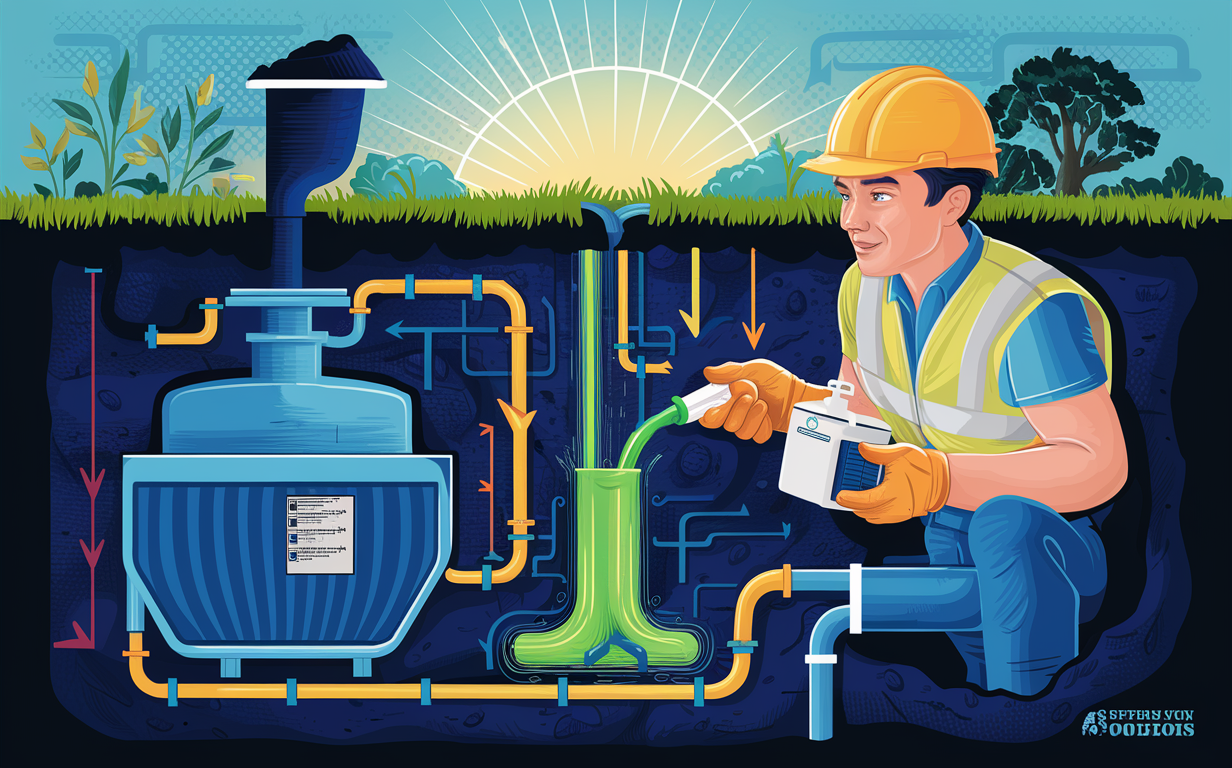 An illustration of a professional technician conducting dye testing and leak detection on a residential septic system, including a furnace and water heater in the backyard.