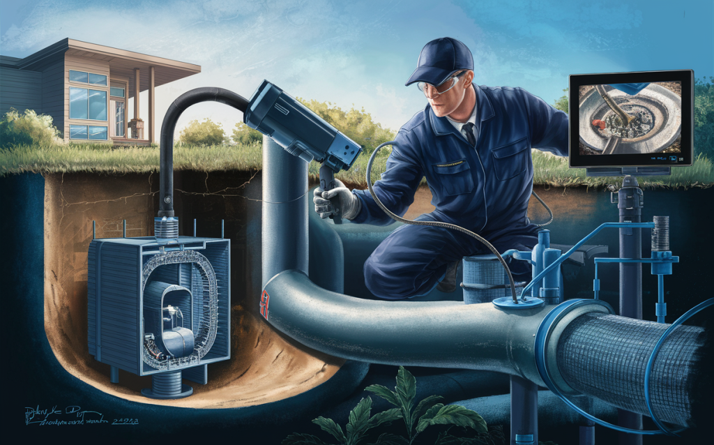 A technician performs a camera inspection of a residential septic system, monitoring the condition of pipes and components on a laptop while using specialized equipment.