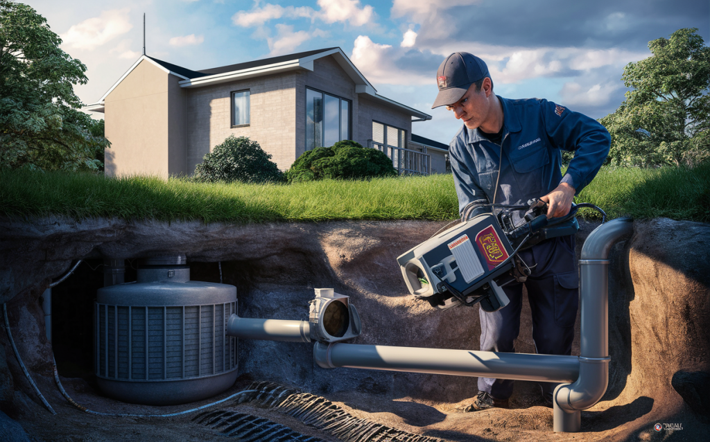 A technician in uniform inspects and assesses the pipes and septic tank of a residential septic system using specialized camera equipment, ensuring proper function and maintenance of the system near a modern house.