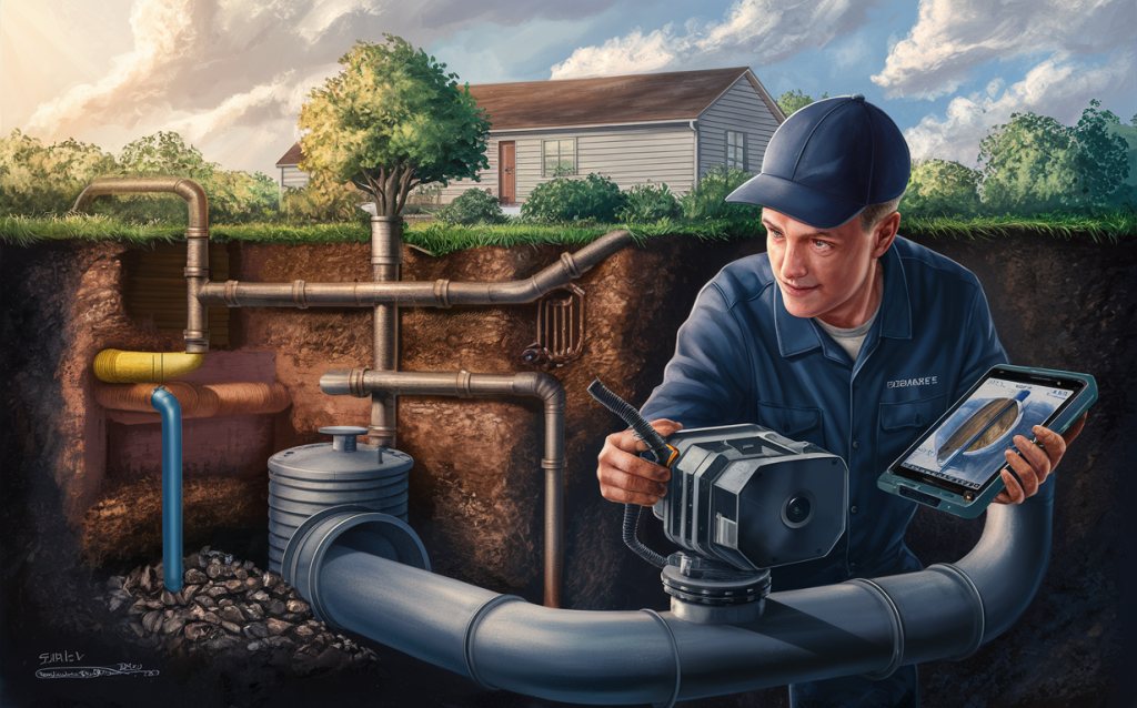 A technician using a camera and tablet to inspect the pipes of a residential septic system, ensuring proper function and maintenance.