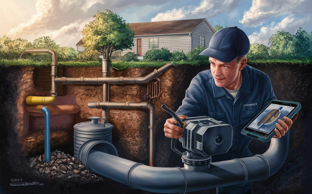 A technician inspects a septic system using a camera and assesses the condition of the pipes, ensuring proper functioning and maintenance.