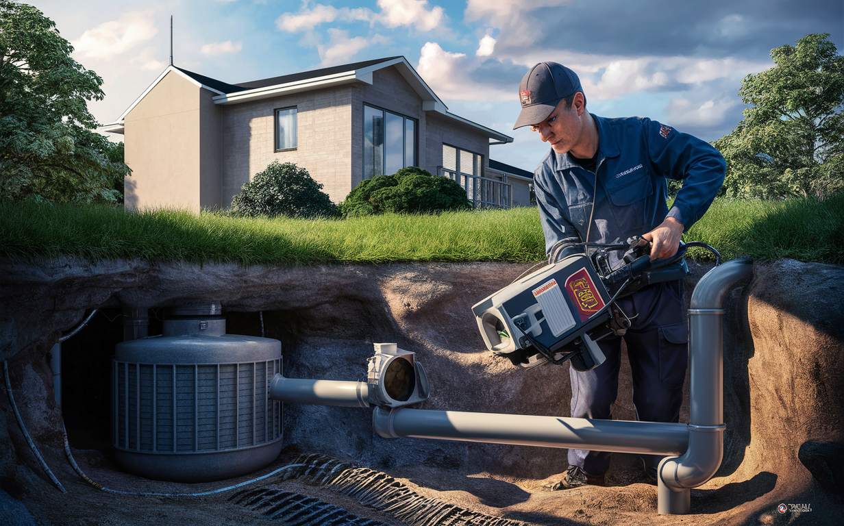 A technician in uniform inspecting and maintaining a residential septic system with specialized equipment in front of a house